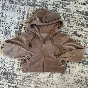 Y2K Hollister Chocolate Brown Velour Zip Hoodie cropped